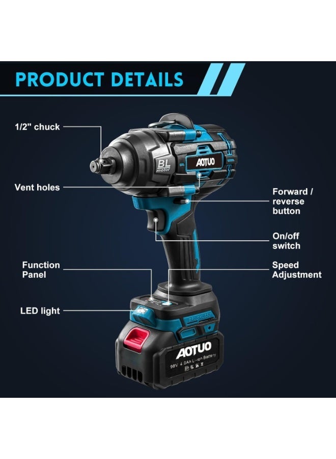 او تو او مجموعة مفاتيح ربط الصدمات المطورة من AOTUO مع خاصية الشحن السريع - مصدر الطاقة! عزم دوران 2000، أدوات كهربائية من AOTUO، مفتاح ربط صدمات يعمل ببطارية ليثيوم أيون 98 فولت بدون فرش، أداء عزم دوران عالٍ، مزود ببطاريتين 4.0 أمبير/ساعة - Image 4